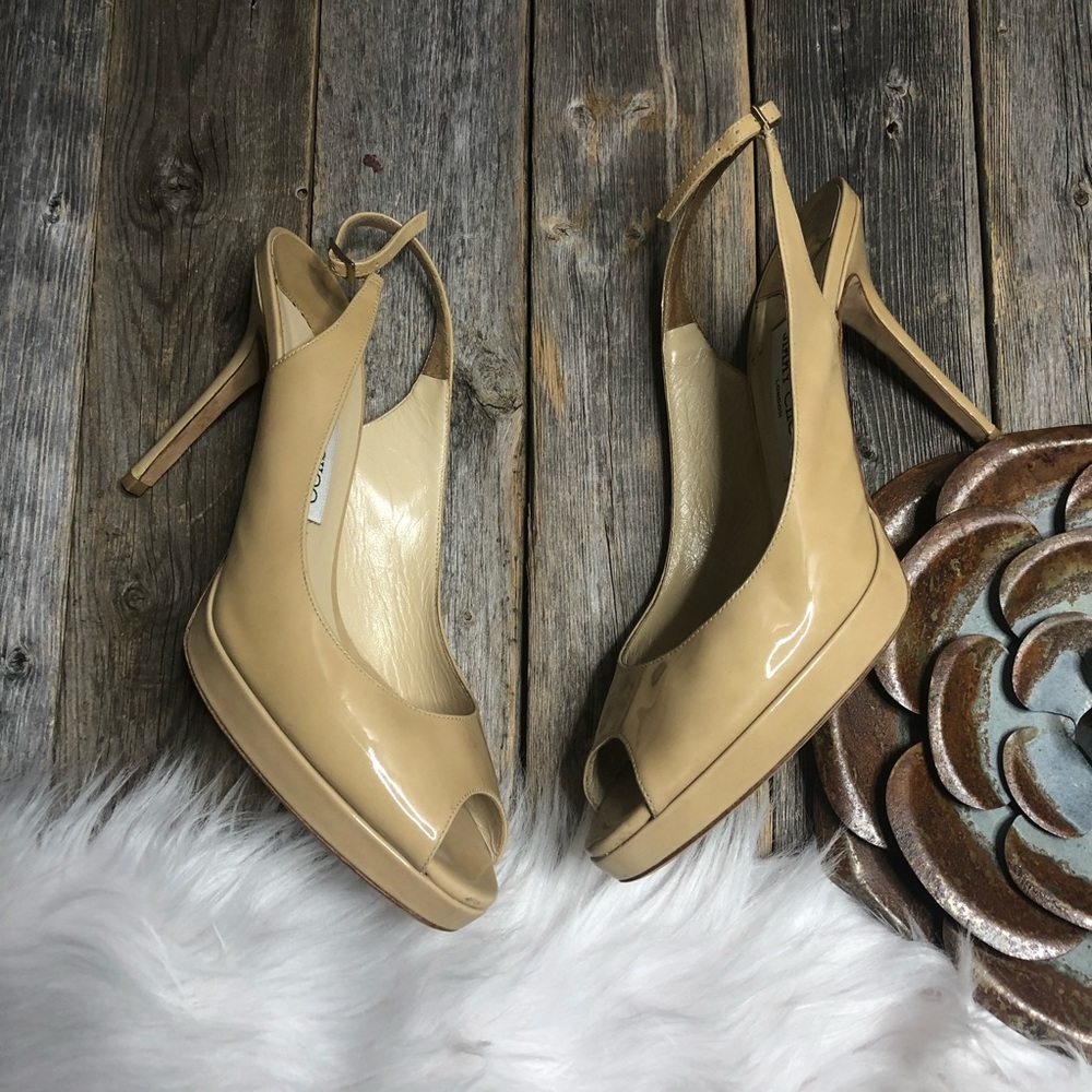 Jimmy Choo Beige Patent Leather Peep-Toe Slingback Heels